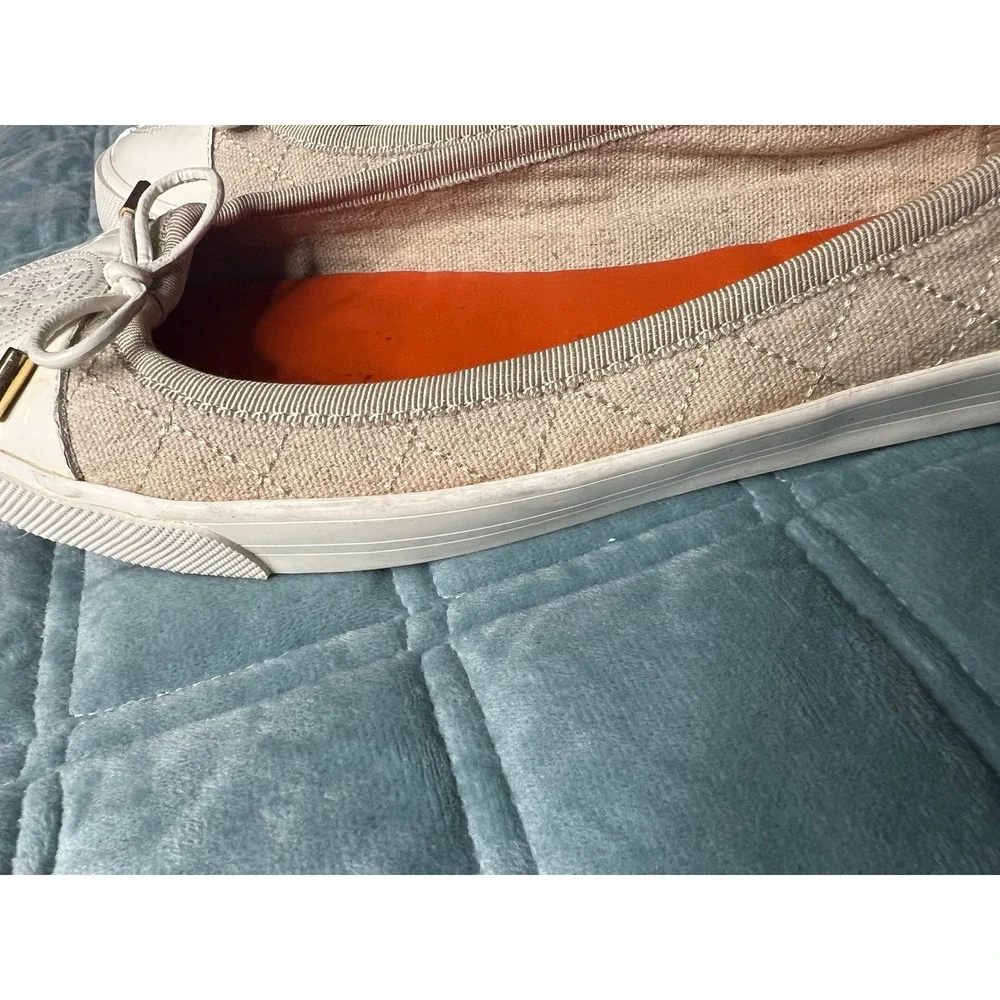 Tory Burch Quinn Quilted Canvas Ballet Flats Cream Beige Logo Toe Bow Shoes